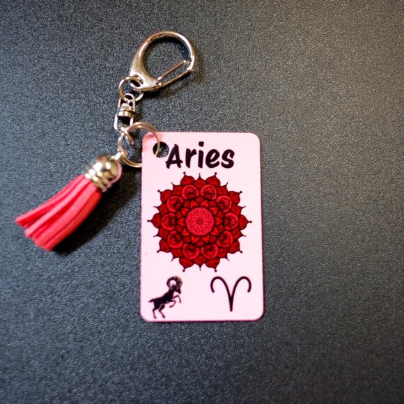 Aries Birth Sign Metal Keychain, handmade, tassel, mandala, car, astrology - Picture 1 of 1